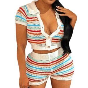 SHEIN Slayr Colorful Stripe Knit Crop top and‎ Shorts 2 Piece set - Size Medium